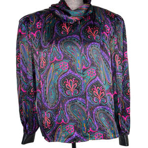VTG 80s Che Bella Blouse Womens Sz 16 Long Sleeve 100% Silk Paisley Leather Trim